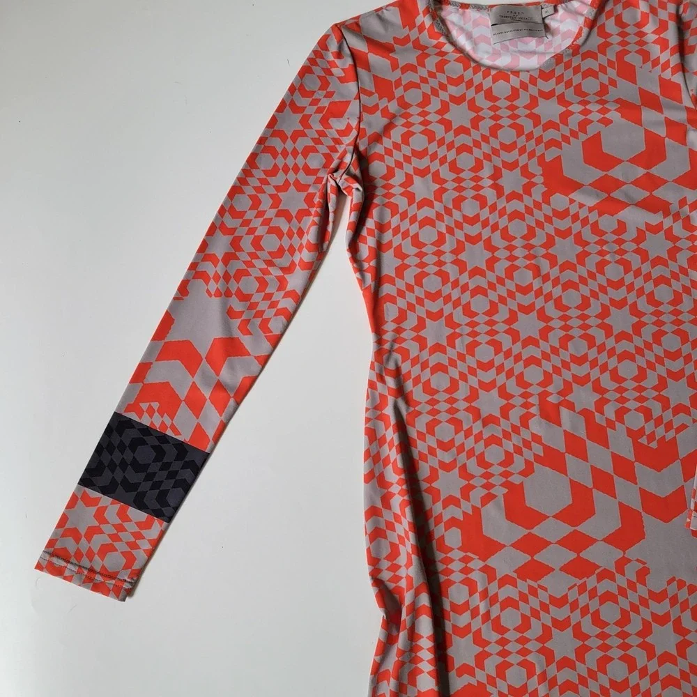 Preen by Thornton Bregazzi Dress Orange Printed Jersey Knit Long Sleeve‎ Bodycon